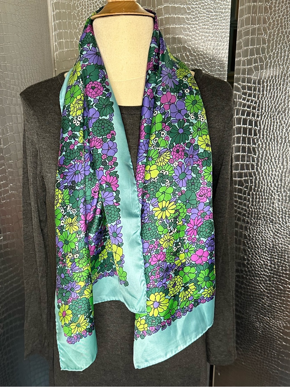 Lady Heritage Floral Satin Rectangular Scarf in Aqua Green Purple Made in Japan